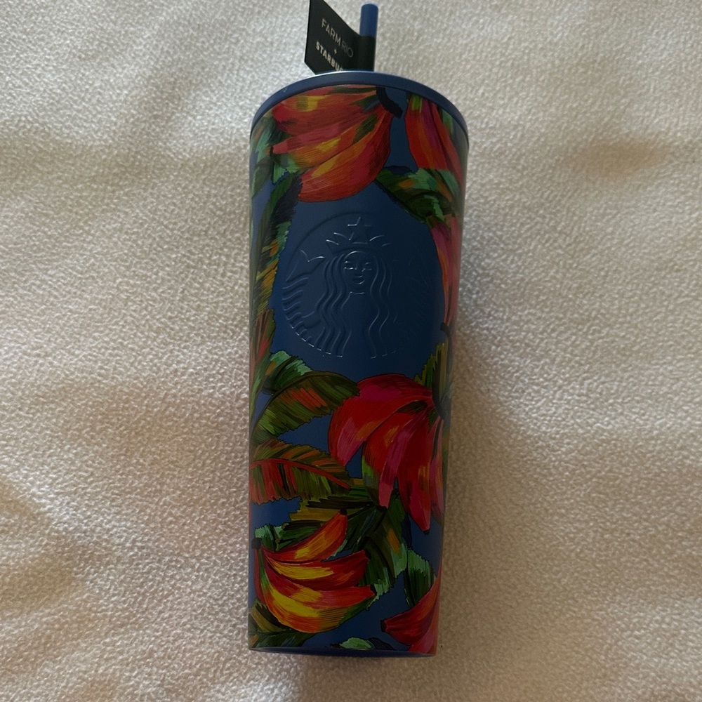 Starbucks stainless steel 24oz Blue Tumbler with Red and Green Tropical Floral